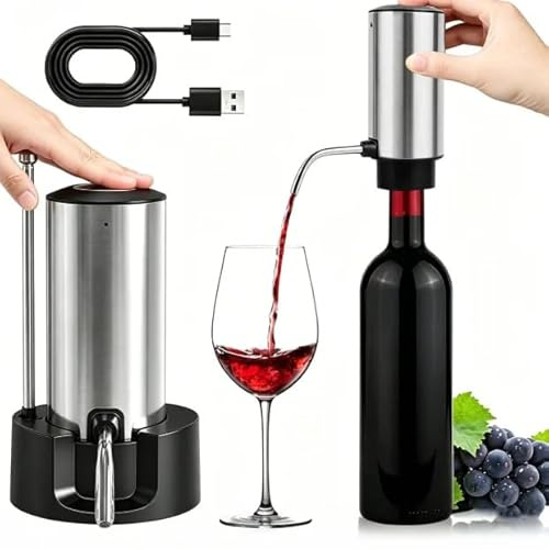 Electric Wine Aerator and Dispenser,One Touch Automatic Pourer & Decanter | Stainless Steel Type-C Rechargeable Wine Pump with Base,Bar Accessory Gift Set for Men, Women & New Home