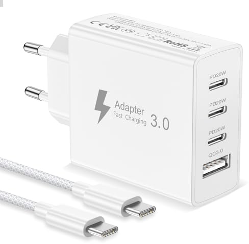 EU Travel Adapter Charger, 50W European Plug Adapter with 3 USB C and 1 USB A, Universal Travel Adapter European USB Charger Plug with Nylon 2M USB C Cable for iPhone 17 16 15 14 13/ iPad/Galaxy