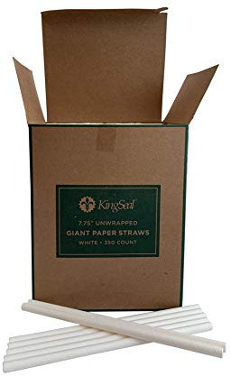 350 Count | Kingseal Disposable Paper Drinking Straws, Unwrapped, WHITE, 7.75 Inch Length x 8mm Diameter, Giant Size, White, Biodegradable, Earth Friendly, Bulk Pack - 1 Box of 350 Straws