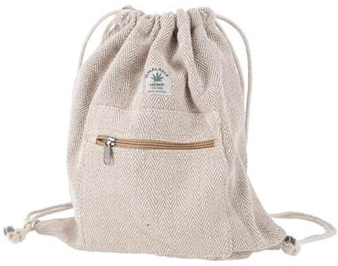 GURU SHOP Ethno Hanf Rucksack Fischgrätenmuster, Unisex, Turnbeutel, braun | Hochwertiges Naturmaterial, 80% Hanf, 20% Baumwolle, handgefertigt, großes Reißverschlussfach, einzigartig