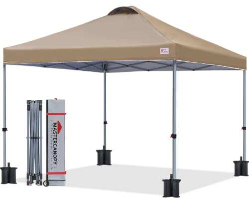 MasterCanopy Pop-up-Pavillon 2x2 Schnellaufbau, 3-Fach höhenverstellbar, UPF50+, wasserabweisend, inkl. Rolltasche + 4 Sandsäcke, für Camping, Events, Garten, Khaki