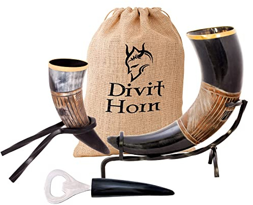 Divit Authentic vikinga Cuerno Para Beber, Cuerno Chupito, Abridor de Botellas (3 Pc. Set) | Auténtico bocina de cerveza medieval | de regalo de arpillera incluido. (16 oz, Jarl, Polished)