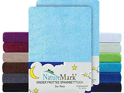 NatureMark 2er Pack Kinder FROTTEE Spannbettlaken, Spannbetttuch kuschelig weich, für Babybett und Kinderbett | 70x140 cm - Hell blau