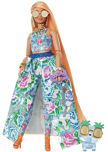 Barbie Extra Fancy Look Floral Muñeca Rubia con Falda y Top de Flores, Bata, Gatito y Accesorios de Moda, Juguete de Regalo +3 años (Mattel HHN14)
