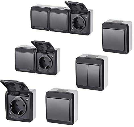 asvendo elektro Aufputz-Serie, Schalter, Steckdose (1-fach, 2-fach, 3-fach), Doppelschalter, Klingeltaster, IP44, wassergeschützt, Außenbereich, Feuchtraum, anthrazit, grau (3-fach Steckdose)