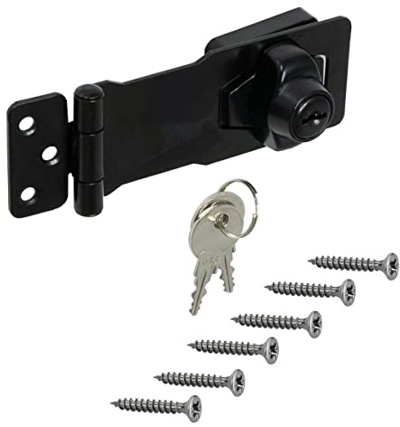Gedotec Sicherheitsüberfalle - Schloss mit Schlüssel | 1 Stück Türriegel aus Stahl - schwarz matt | 140 x 40 mm | abschließbares Vorhängeschloss wetterfest | Sicherheit als Türschloss Schrankschloss