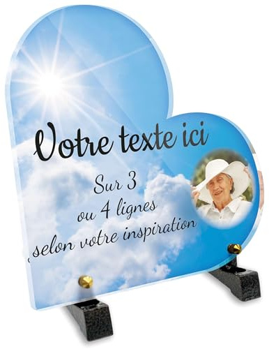 OCAP-FUNERAIRE.COM Grabschild Herz mit Foto personalisierbar aus Plexiglas, Motiv blauer Himmel und Wolken, verschiedene Größen, Dicke 6 mm, personalisierbar auf mehrere Linien, 15 x 15 cm