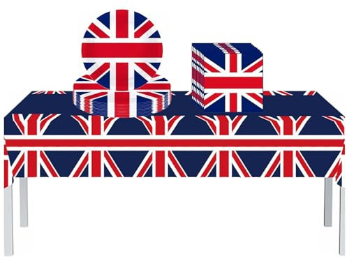 Union Jack Party Tableware Set,37Pcs VJ Day Flag Plastic Table Cloth,Paper Plates Napkins UK Flag Great Britain Dinnerware Set for VJ Day 80th Anniversary Decorations,Royal Union Jack Party Supplies