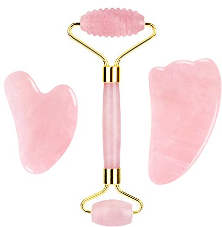 Rosenquarz Jade Augenmaske Gesichtsmassagegerät Roller Gouache Schaber Naturstein Jade Roller Guasha Board Gesichtsmaske Gesichtsmassagegerät,3-teiliger Rollensatz-Ci