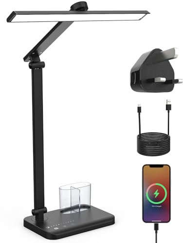 LONGTOO Desk Lamp, Eye-Caring Table Lamp, Dimmable Reading Lamp with USB Charging Port, 5 Brightness Levels 5 Colour Modes, Touch Control Desk Light for Office Bedroom Reading Work Study