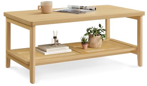 VASAGLE 2-Tier Coffee Table for Living Room, Rectangular Living Room Table, with PVC Rattan Storage Shelf, Rounded Corners, Easy Assembly, Boho Style, 21.7 x 39.4 x 17.7 Inches, Oak Beige ULCT240Y57