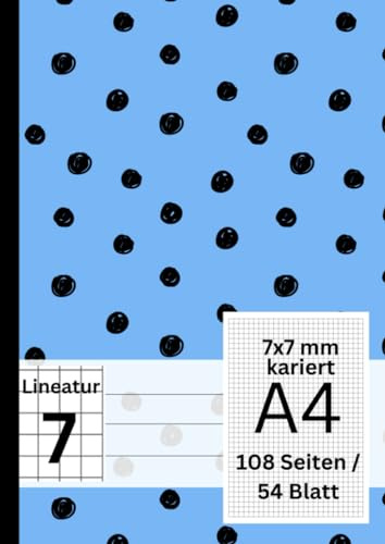 XXL Schulheft - 108 Seiten / 54 Blatt, 7x7 mm kariert, A4, Lineatur 7 mit weißem Rand: Geeignet als Matheheft, Schreibheft, Übungsheft für 1. und 2. Klasse - gepunktet blau