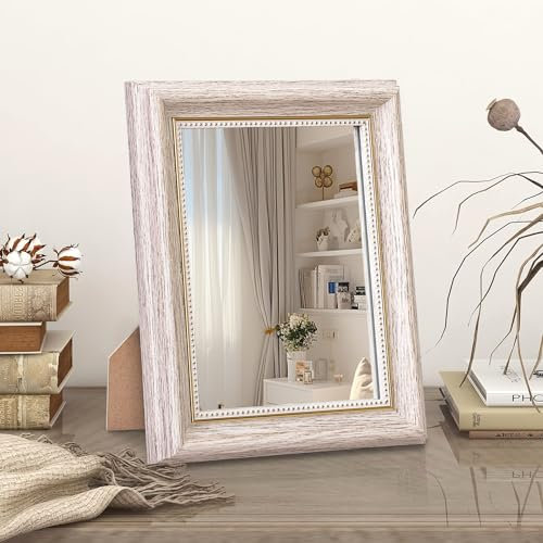 HLFMVWE Vintage Table Desk Mirror, Rustic Wooden Frame Rectangular Antique Small Standing Mirror Decorative Dresser Tabletop Countertop Office Bedroom Bathroom Living Room 20x25 CM