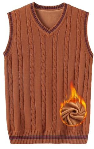 Oanviso Homme Pulls Tricoté sans Manche Gilets Col en V Chaud Gilet Hiver Chandail Doublure Polaire Épais Pull Gilets Débardeurs en Laine Pullover B Brun XXL