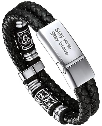 Bandmax Lederarmband Männer Armband Leder mit Magnetverschluss | Wikinger Armband Herren Wasserfest, Geschenk für Vater/Ehemann/Freund, Silber/Schwarz/Gold, Länge 19/21/23/25cm