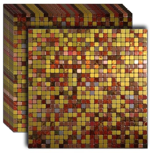 WEIMEISC 10 Sheets Peel and Stick Backsplash Tile for Kitchen, Self-Adhesive Mosaic Tile, Stick on Bathroom Vanities，Fireplace Décor, Laundry Table (Gold+Red Printing)