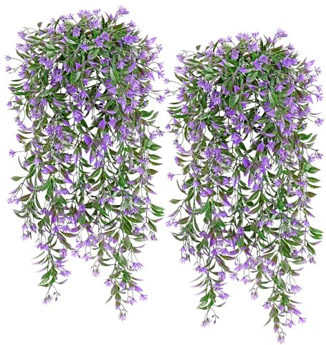 TOCHGREEN 4 piante artificiali da appendere, felce, piante in plastica sintetica, edera finta ghirlanda verde con fiore viola, decorazioni per interni ed esterni, per soggiorno, balcone, giardino,