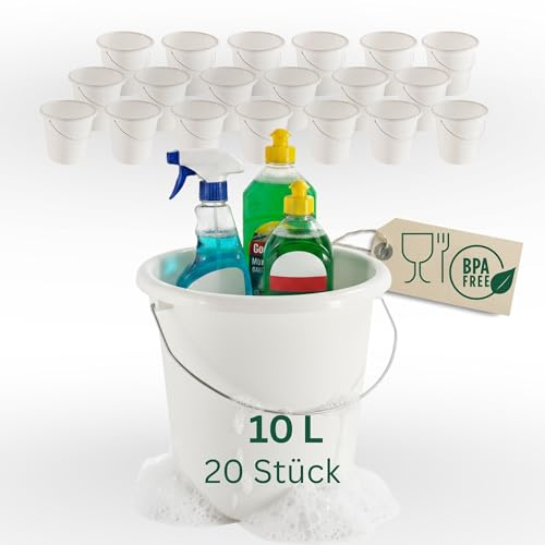 Novaliv 20 Stück Eimer 10L Weiß mit Maßeinteilung - Putzeimer 10 Liter ? 28,5 cm Praktischer Allrounder mit Skala für Haushalt & Garten ideal als Haushaltseimer, Wassereimer, Wischeimer, Bucket