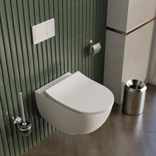 WC Keramik | Hänge WC Spülrandlos Toilette 35,6 x 33,3 x 52,5 cm | Wandhängend mit Softclose Funktion | Weiße Keramik Toilette| Toilettendeckel aus Duroplast | verstellbare Duschdüse