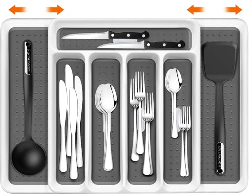 BBLTIFF Besteckkasten für Schubladen, Besteck Organizer, Erweiterbarer Utensilienhalter für Schublade, Verstellbarer Groß Besteckkasten, Ausziehbare Schubladen Ordnungssystem für die Küche für Löffel