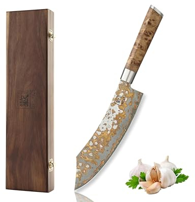 zayiko MysticMagma Blockmesser Damast – 20 cm Klinge aus 67 Lagen Damaststahl mit VG10 Kern, DualCurve Griff aus Ahornwurzelholz, Kupfer-Bronze-Einlage, edles Küchenmesser in Holzbox für Fleisch & BBQ
