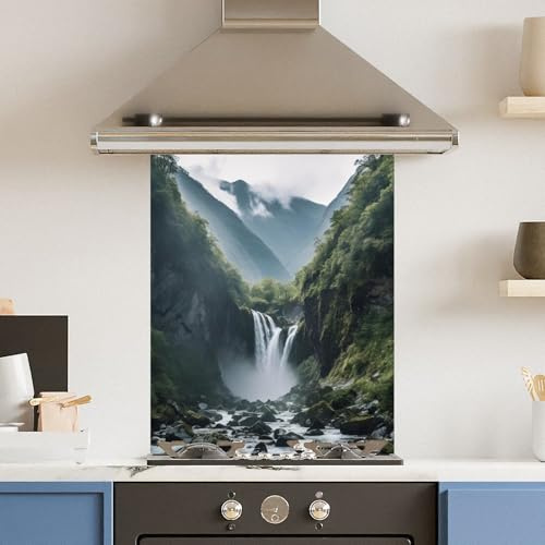 Toughened 6mm Glass Kitchen Splashback 60 x 75cm Waterfall Landscape - Polished Heat Resistant Back Splash for Cookers Hob