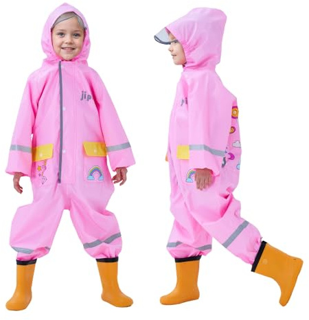 Vckrio Bambini Tuta da Pioggia Impermeabile Ragazze Rosa Unicorno Modello Giacca Antipioggia con Strisce Riflettenti Portatile Tutina Pioggia Impermeabile Un Pezzo con Cappello per Bambina 1-2 Anni