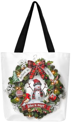 Loussiesd Niedlicher Schneemann Leinwand Einkaufstasche Frohe Weihnachten Einkaufsbeutel Kardinal Vogel Frauenande Weihnachten Thema Schneeflocke Stoffbeutel Grün Tragetasche,Einkaufsbeutel