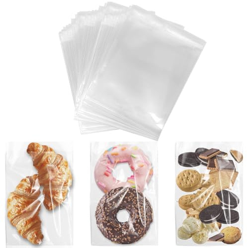 RIVIEVAL 100 Sacs à Biscuits, Sacs en cellophane Transparents, Petits Sacs en cellophane, Sacs à Biscuits Autocollants, Sacs à Bonbons Transparents pour Boulangerie (12 x 15 cm)