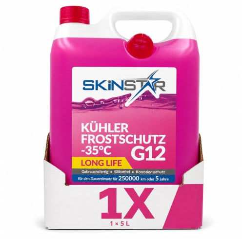 SkinStar Kühlerfrostschutz G12-35°C 5L Kühlmittel Kühlwasser Auto | Gebrauchsfertiges Motorkühlmittel rosa: Frostschutz bis -35°C, silikatfrei, Long Life für 250.000 km oder 5 Jahre