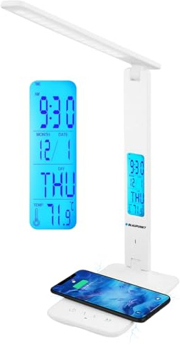 BLAUPUNKT LED Desk Lamp, Wireless Phone Charger, USB, Dimmable Table Lamp with 5 Colour Modes, Adjustable Arm, LCD Display, Clock Calendar Temperature, Easy to Use - Home Office - White with UK Plug