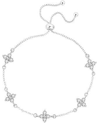 HEEYA Armband Damen Silber 925 Plattiert Armbänder mit 5A Zirkonia Blumen Armkette Vierblättrige Blatt Verstellbares Armband Silber Bracelet Schmuck Geschenk mit Karte für Frauen Mädchen Silber/Gold