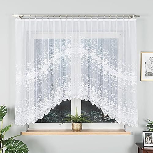 Gardinen Vorhangen Weiß Jacquard 300x150 cm (BxH) Renne Lambrequin Bogenstores Kurz Jacquard Scheibengardine Fertiggardine Küchengardinen Bogen Kurzstores