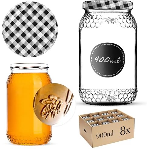 KADAX 8er Set Einmachgläser 900ml TO82 Schwarz kariert, Große Sturzgläser mit Schraubdeckel, Einkochgläser Fermentierglas für Gurken, Gemüse, Sauerteig