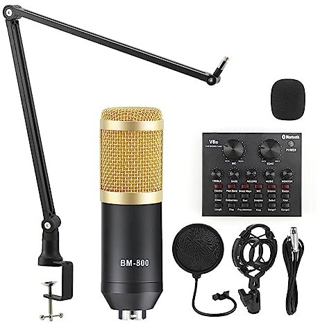 RUHEN Sound Card Kit Micro Studio V8 Sound Card Phantom Power Kits Bm800 Condenser Micro For PC Computer Recording Karaoke Streaming Studio Setup