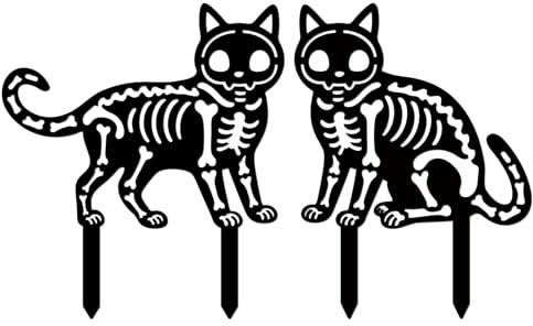 GLOBLELAND 2 Packs Skull Cat Garden Ornaments Cat Metal Garden Stakes | Black Cat Silhouette Decorative Metal Garden Statues For Yard Holiday Lawn Patio Outdoor Decor