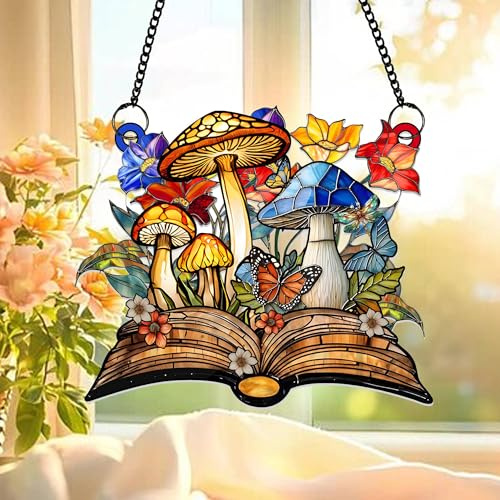 Acrylic Mushroom Book Suncatcher – Butterfly & Flower Fantasy Window Hanging Decor for Book Lovers, Faux Stained Glass Acrylic Ornament for Home, Office, Garden, Gifts (Sun-4)