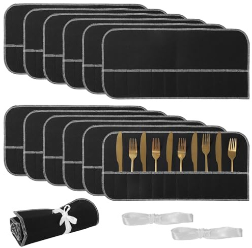 byepica Lot de 12 pochettes de rangement en feutre noir anti-ternissement avec fermetures à ruban, porte-couverts pour la maison et le camping