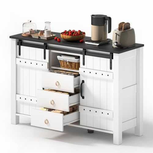 Landhausstil Sideboard Kommode mit 2 Schiebetüren und 3 Schubladen, Küchenschrank Aufbewahrungsschrank Buffetschrank Küchenbuffet Mit Offene Staufächer für Küchen, Wohnzimmer, 120×40×80cm, Weiß