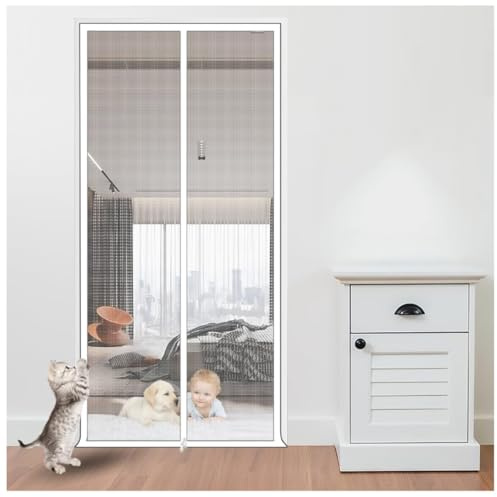 ZBORAVPIX Zanzariere per Porte per Gatti, Zanzariera Rinforzata for Gatti, Doppia Cerniera, a Prova di Animali Domestici, in Lega di Acciaio, Montaggio Adesivo, Bianca, Diverse Misure(90x200cm)