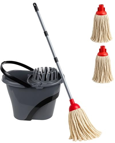 BH | Mop Bucket Set 17L | Free 2 Pcs Cotton Plastic Screw Mop Head | 1.2m Adjustable Metal Handle | Wringer and Wheels | Easy Cleaning for Home, Kitchen, Office, and Floor | Refill - By BEST HOUSE