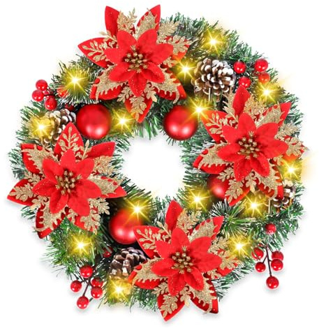 JUQG Couronne de Noël, Couronne Décorative avec 30 LED, Couronne de l'Avent de Noël Porte 30 cm, Décoration de Noël, Couronne de Noël Suspendue Artificielle, Décoration de Porte de Noël