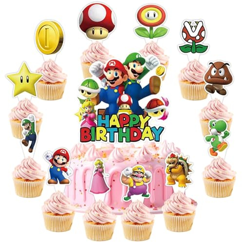 25 decoraciones para tartas de dibujos animados con 24 adornos para cupcakes, 1 adorno para tartas grandes para fiestas de cumpleaños de dibujos animados