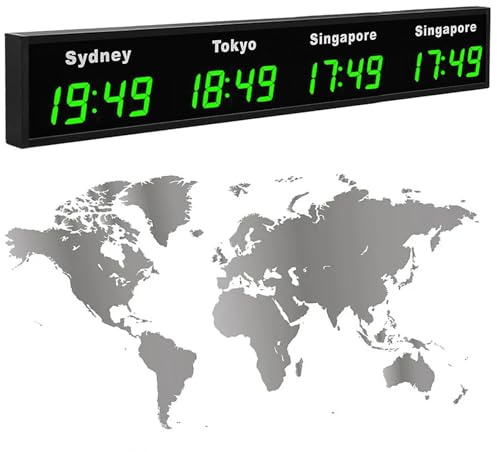 ANGDI Reloj Mundial Digital de Pared, con 3/4/5 husos horarios, Pantalla HD Grande, Formato de 12/24 Horas, a Todo Color, Ideal para hoteles y multinacionales.(Green,4)