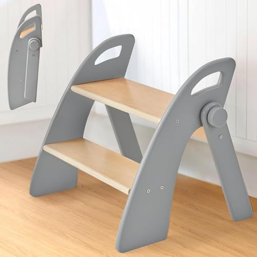 Tritthocker Kinder 2 Stufen aus Holz, Tritthocker mit Antirutschmatte und Griffen, Faltbarer Trittschemel für Baby, Trittleiter für Bad, Kleinkinderzimmer, Küche, Grau