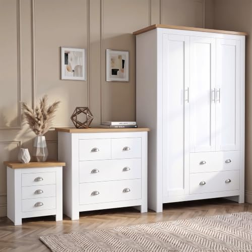 Blisswood 3 Piece Bedroom Furniture Set, 3 Door Wardrobe, 2+2 Drawer Chest of Drawers & 3 Drawer Bedside Cabinet, Modern Shaker Style Bedroom Wardrobe Set with Oak Top, White Bedroom Storage Furniture