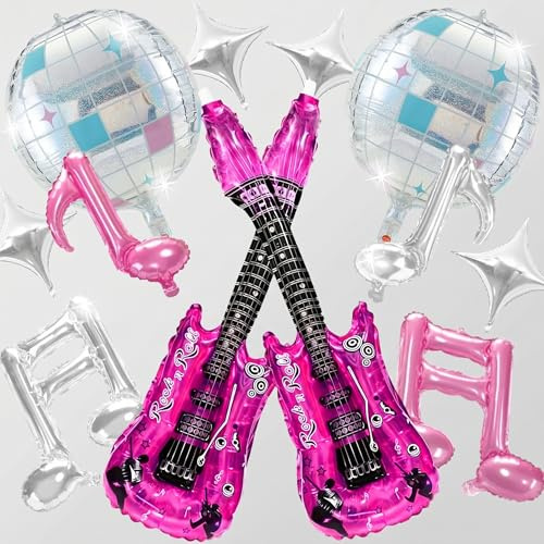 12-Pack Music Theme Party Balloons - Foil Helium & Air Balloons for Adult Party Decorations - Includes Guitar, Disco Ball & Note Shapes - Pink & Silver