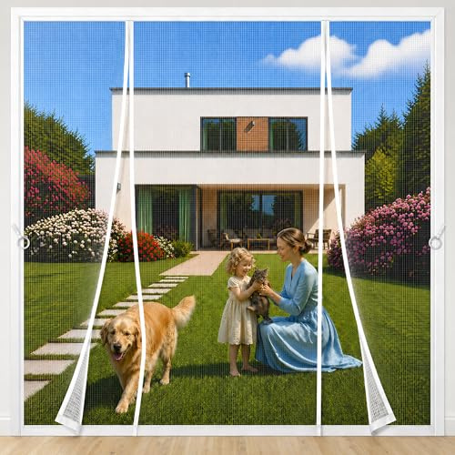 Double Magnetic Fly Screen Door White 300x210cm French Door Reinforced Top Middle Anti-Tearing Mosquito Net Curtain Hands Free for French Doors & Sliding Patio Doors