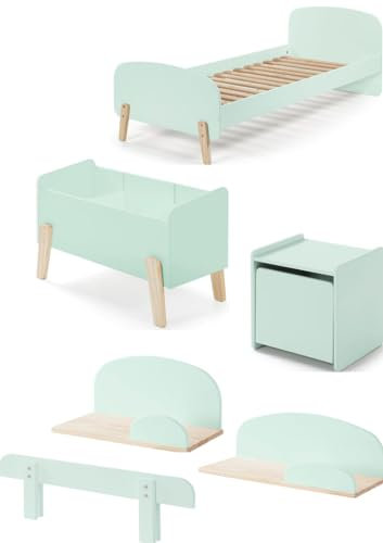 'Autobett kico0993 Kiddy Kombination 6-teilig: Bett, Nachttisch, Wandregal 45 cm, Wandregal 65 cm, Spielzeugkiste und Sicherheit des Bettes Mintgrün MDF und Kiefer massiv 206, 6 x 96 x 72 cm