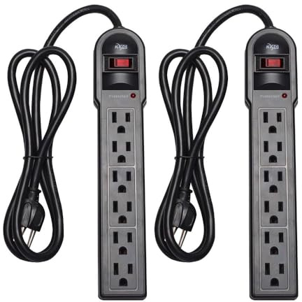 KMC 6-Outlet Surge Protector Power Strip 2-Pack, 900 Joules, 4-Foot Extension Cord, Overload Protection, Black